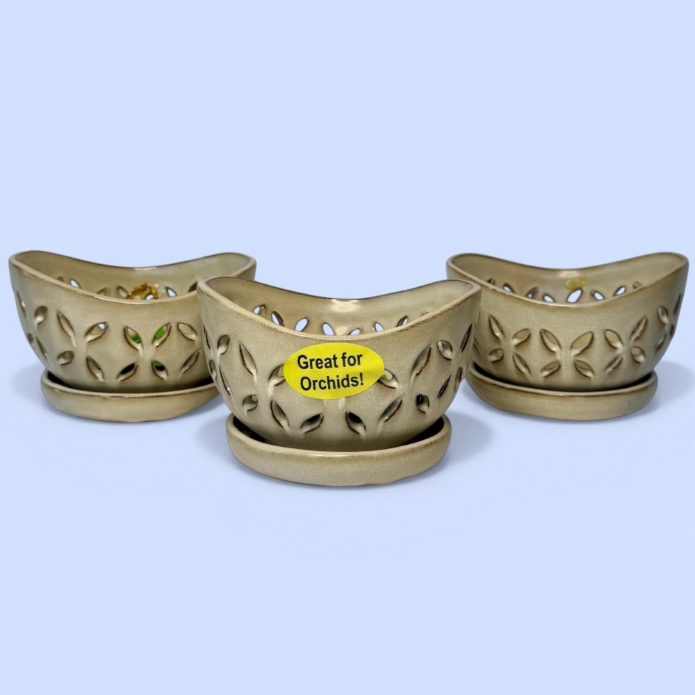 Glazed Pottery Orchid Pots Bundle‎ of Three Indoor/Outdoor NEW
